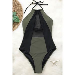 Army Green and Black MESH ONE-PIECE SWIMSUIT